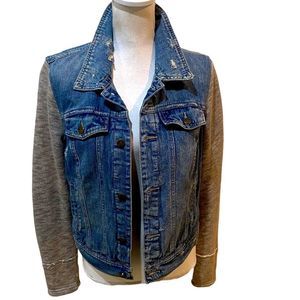 Free People super distressed denim jean jacket stretch contrast knit sleeves